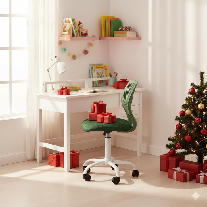 Chaise de bureau FurnitureR, chaise de bureau sans accoudoirs avec coussin rembourré en tissu et dossier mi-haut en plastique, pivotante et réglable, vert foncé.