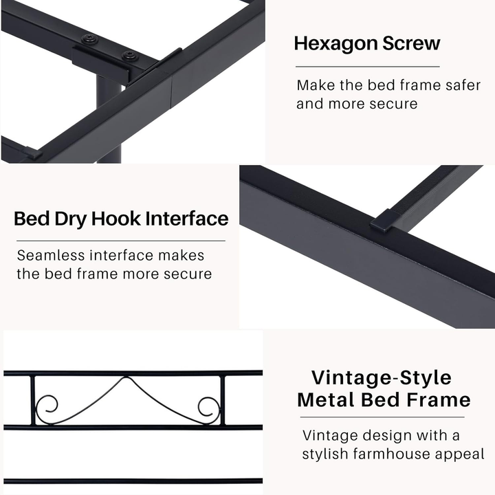 FurnitureR Metallbettgestell (140 x 200 cm) mit Kopf- und Fußteil, Plattformbett mit Stauraum unter dem Bett, geräuschlos, kein Lattenrost erforderlich, Schwarz