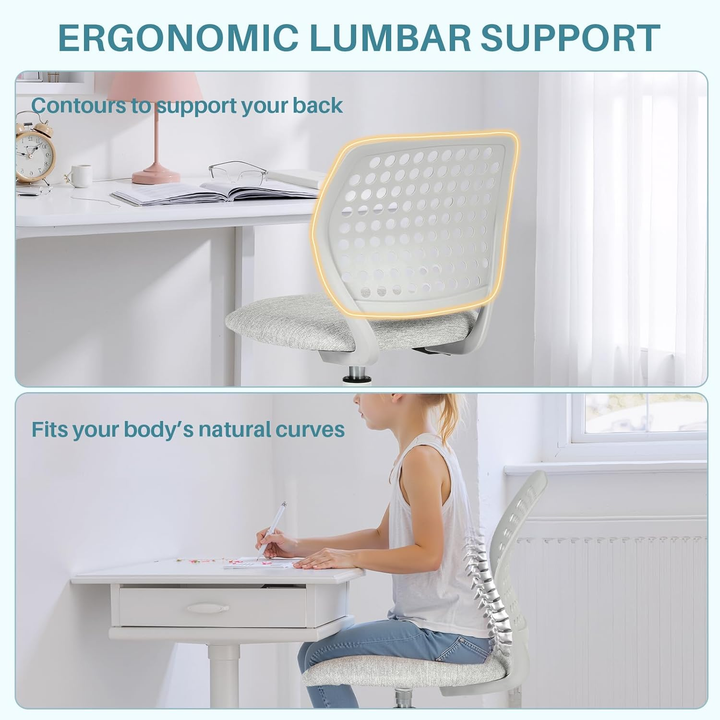 Chaise de bureau sans accoudoirs FurnitureR avec roulettes, compacte, pivotante et réglable en hauteur, idéale pour étudier ou travailler sur ordinateur. Dossier respirant, gris.