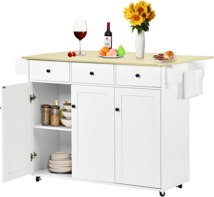 Chariot de cuisine mobile FurnitureR avec abattant rabattable, meuble de rangement de cuisine sur roulettes de 115 cm de large, table de préparation roulante gain de place, blanc
