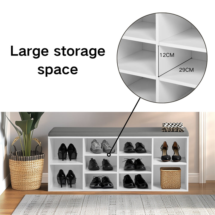 Möbelstück R: Sitzbank mit Schrankfunktion, Holzschrank, Schuhregal mit gepolstertem Kissen, 10 Fächer, für Wohnzimmer, Flur, Schlafzimmer, Eingangsbereich, 103 x 29 x 45 cm, Weiß, Holz