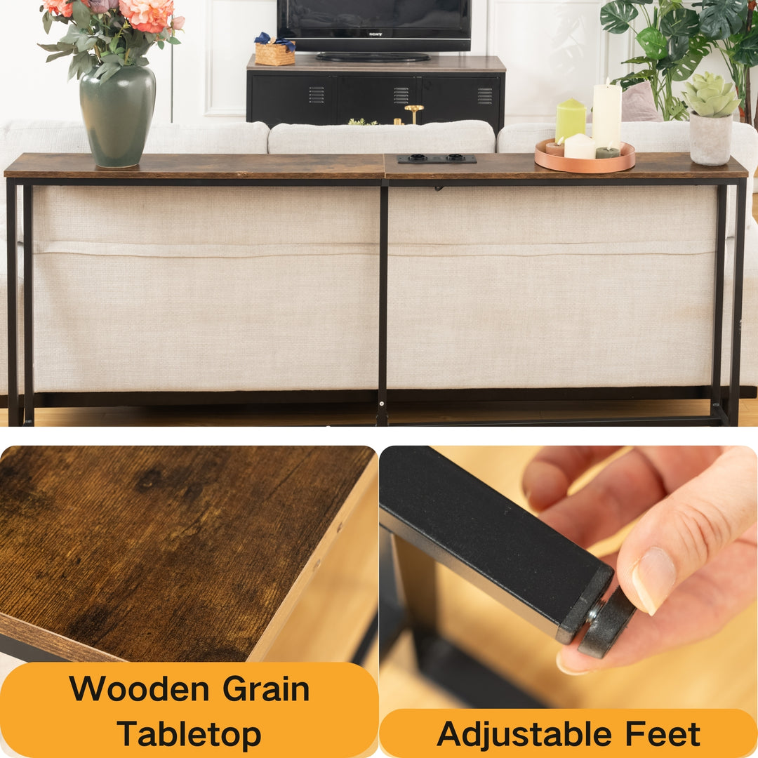 Möbelstück R L180cm Konsolen-Ladestation, schlank, Industrie-Stil, Eingangsbereich mit 2 USB-Anschlüssen, schmaler Beistelltisch für Sofa, Flur, Wohnzimmer, Büro, rustikales Braun, Metall