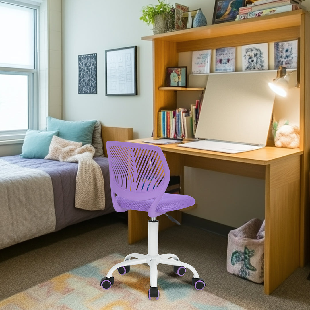 FurnitureR Desk Chair Small Study Chairs Armless for Teens, Swivel Rolling Lightweight Mid Back Task Chair with Wheels and Mesh Padded Cushion, Purple