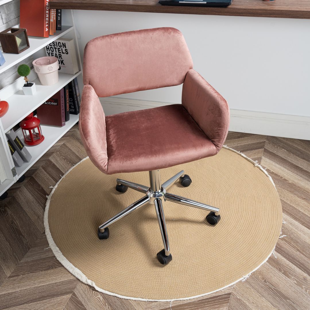 Chaise de bureau FurnitureR, dossier mi-haut en velours avec roulettes, chaise de travail réglable pour salon, chambre, bureau, rose