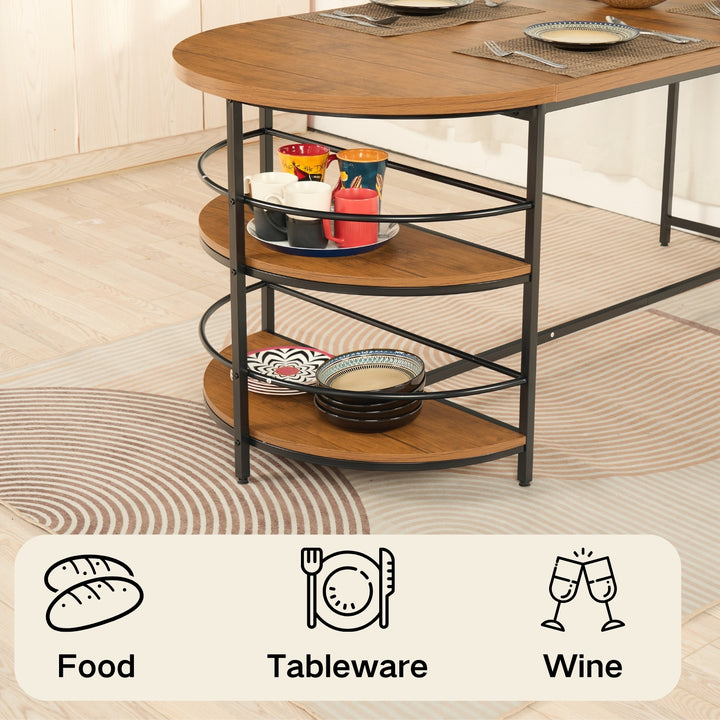 FurnitureR Esstisch, 3-stöckig, Holz, mit 2 Ablageflächen für Esszimmer und Küche, stabiles schwarzes Metallgestell, rechteckig, braun