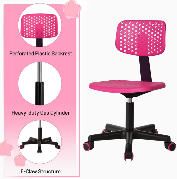 Chaise de bureau enfant FurnitureR sans accoudoirs, chaise de bureau mignonne pour enfants, chaise de bureau à dossier bas en plastique avec dossier bas et assise rembourrée, pivotante et réglable, rose