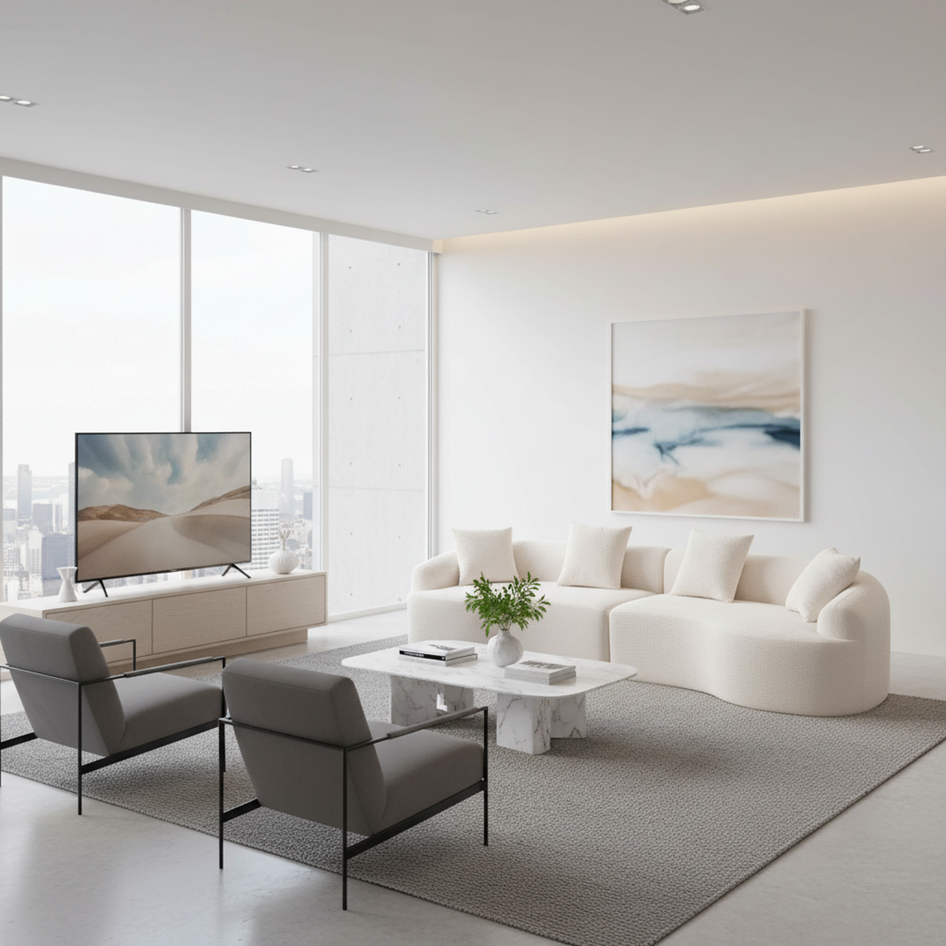 Canapé moderne incurvé en chenille couleur crème de FurnitureR, canapé sculptural contemporain avec coussins moelleux et assise profonde pour un confort optimal