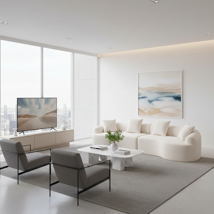 Canapé moderne incurvé en chenille couleur crème de FurnitureR, canapé sculptural contemporain avec coussins moelleux et assise profonde pour un confort optimal