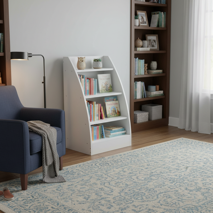 FurnitureR Bücherregal mit 4 offenen Ablagen, kleines Bücherregal aus Holz, Aufbewahrungsorganizer für Spielzimmer, Schlafzimmer, Wohnzimmer