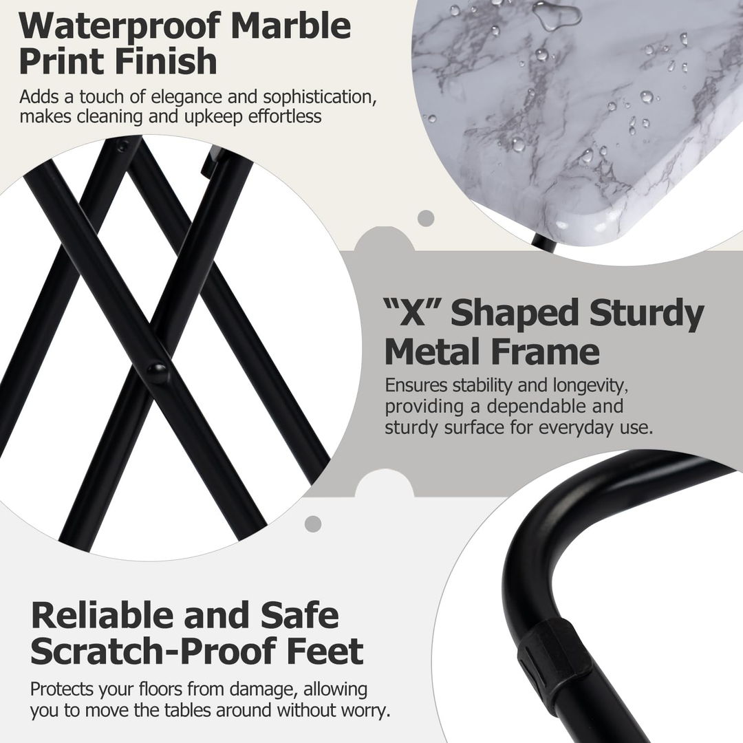 Tables d'appoint pliantes FurnitureR pour téléviseur, plateaux repas pliables, finition marbre, pour lit, canapé, gain de place, lot de 2, blanc 