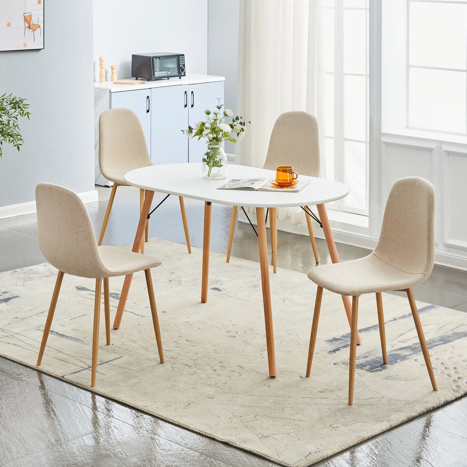 Ensemble de 4 chaises de salle à manger FurnitureR, assises sans accoudoirs en tissu, chaise d'appoint avec pieds en métal pour cuisine, salon ou chambre, beige clair