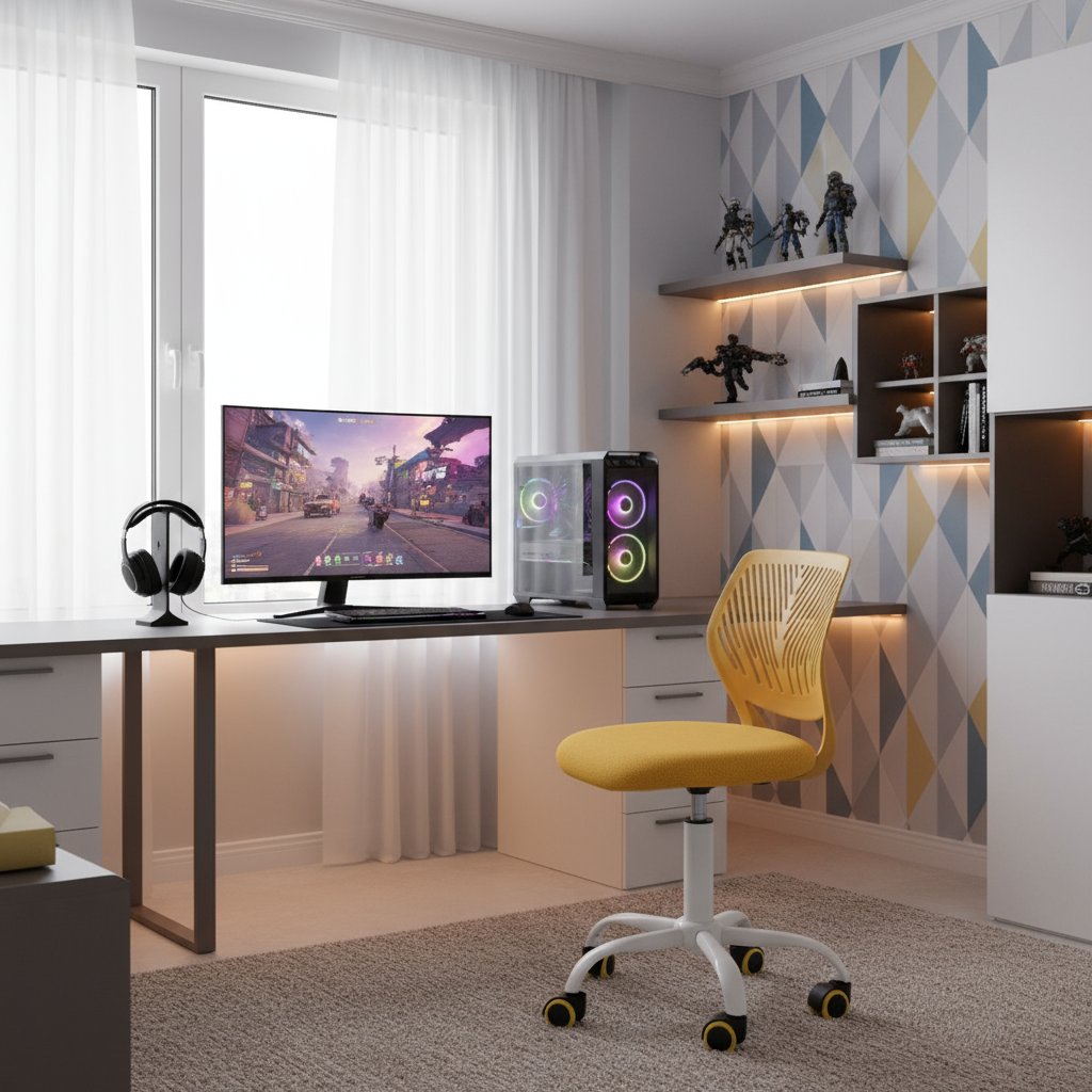 FurnitureR Chaise de Bureau Ergonomique Mesh Jaune Lime avec Base Métal Blanc