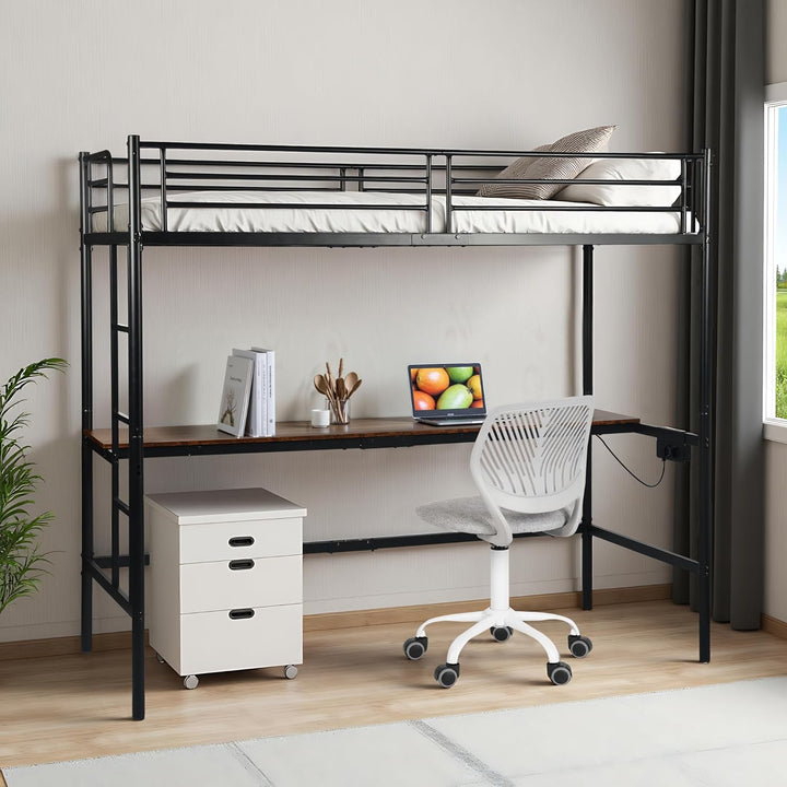 Möbel R Lit Superposé 90x200 cm mit Tisch und 2 Prises de Courant+2USB, Lit en Mezzanine avec Echelle Latérale à Quatre Marches, Adapté aux Enfants et aux Adolescents, Fer + MDF, Brun Foncé