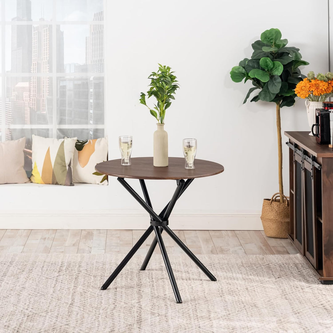Furniture R Table de Salle à Manger Ronde en Noyer - 80cm, Table à thé de Balcon, Plateau en Bois Rétro avec Quatre Pieds en Métal Noir, Design Compact, Polyvalent, für 2-4 Personen Küche, Café