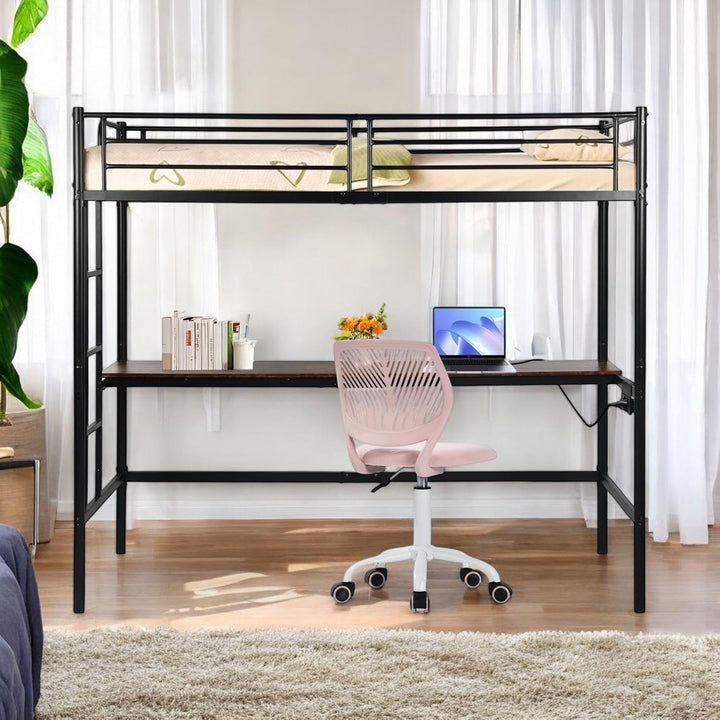 Möbel R Lit Superposé 90x200 cm mit Tisch und 2 Prises de Courant+2USB, Lit en Mezzanine avec Echelle Latérale à Quatre Marches, Adapté aux Enfants et aux Adolescents, Fer + MDF, Brun Foncé