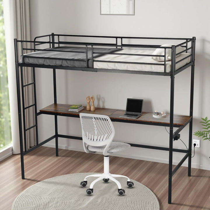 Möbel R Lit Superposé 90x200 cm mit Tisch und 2 Prises de Courant+2USB, Lit en Mezzanine avec Echelle Latérale à Quatre Marches, Adapté aux Enfants et aux Adolescents, Fer + MDF, Brun Foncé