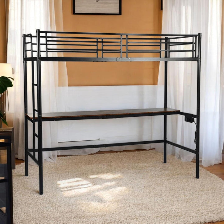 Möbel R Lit Superposé 90x200 cm mit Tisch und 2 Prises de Courant+2USB, Lit en Mezzanine avec Echelle Latérale à Quatre Marches, Adapté aux Enfants et aux Adolescents, Fer + MDF, Brun Foncé