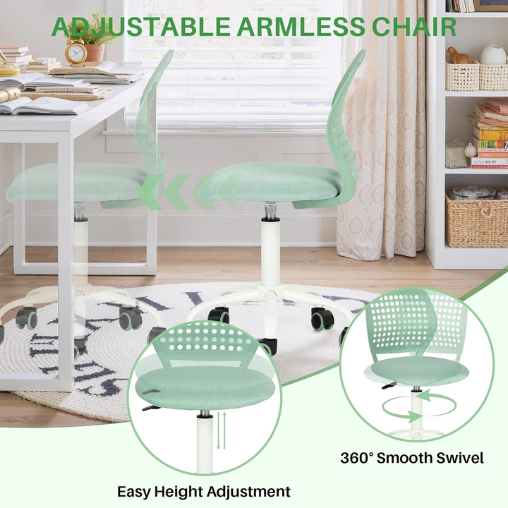 Chaise de bureau sans accoudoirs FurnitureR avec roulettes, compacte, pivotante et réglable en hauteur, idéale pour étudier ou travailler sur ordinateur. Dossier respirant, vert.