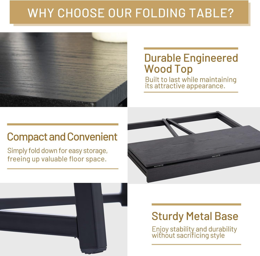 FurnitureR Klappbarer Schreibtisch fürs Homeoffice, 80 cm (31,5 Zoll) Klapptisch, platzsparender Computertisch, kompakter Arbeitsplatz für kleine Räume, Schwarz