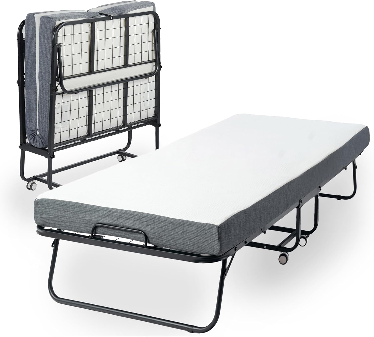 Lit pliant FurnitureR avec matelas en mousse à mémoire de forme de 12,7 cm (5 pouces) – Cadre de lit pliant étroit pour lit simple de 190,5 cm x 76,2 cm (75 po x 30 po) avec roulettes, pliable, structure métallique robuste