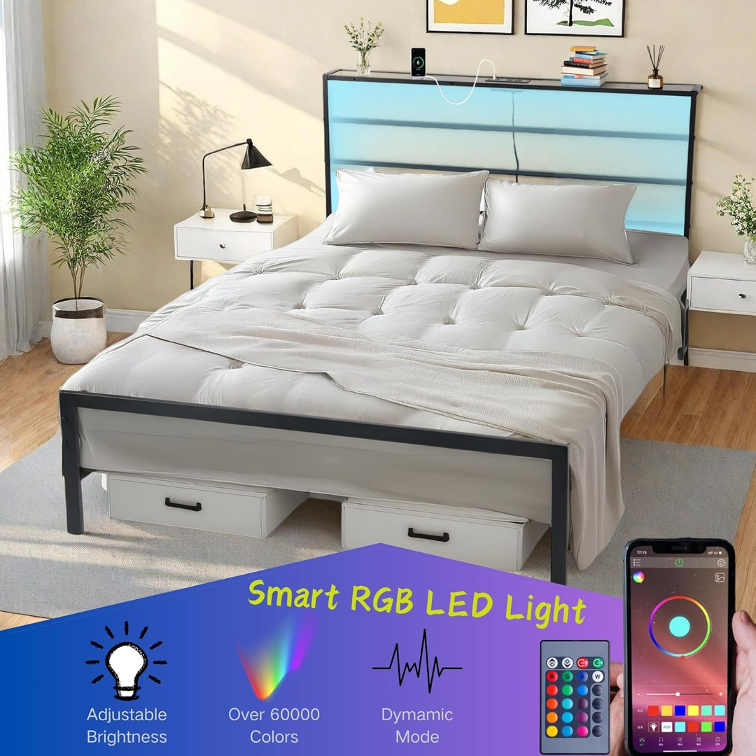 Cadre de lit en métal FurnitureR pour lit simple avec éclairage LED et station de recharge, sommier, tête et pied de lit Iron-Art, étagères de rangement, noir
