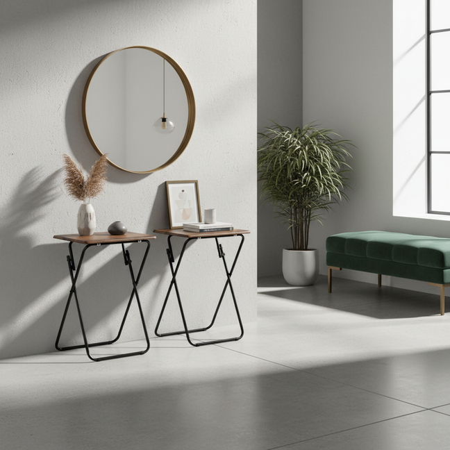 Ensemble de 2 plateaux-repas pliables FurnitureR, plateaux repas pliables, tables d'appoint compactes pour lit, canapé ou fauteuil, structure en métal et plateau en bois, marron