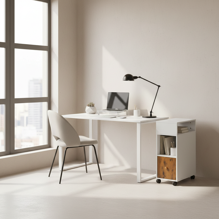 Classeur mobile FurnitureR, classeur vertical à roulettes avec tiroir et étagères de rangement double face, organiseur de dossiers en bois blanc/marron