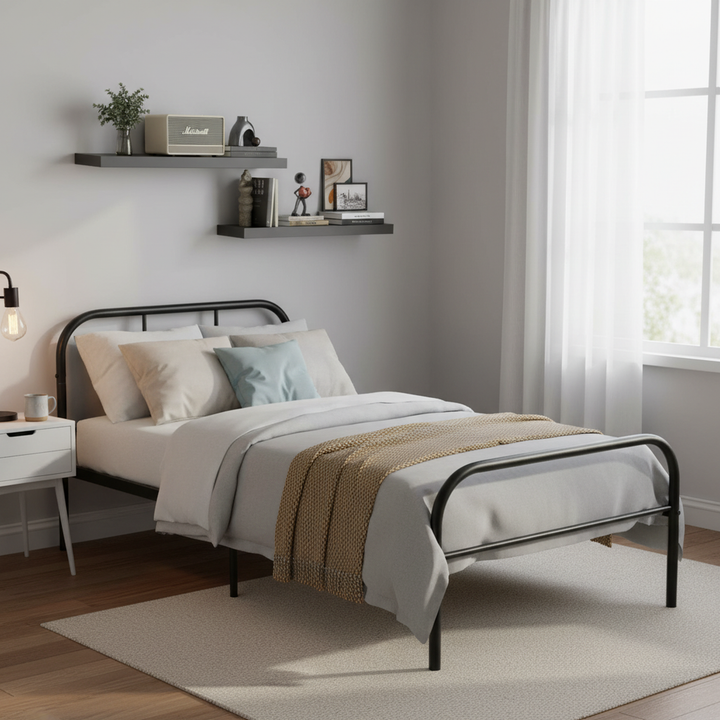 FurnitureR Metal Single Bed Frame with 2 Floating Wall Shelves Nightstands, Heavy-Duty Steel Platform Bed with Underbed Storage,Minimalist Bedroom Set