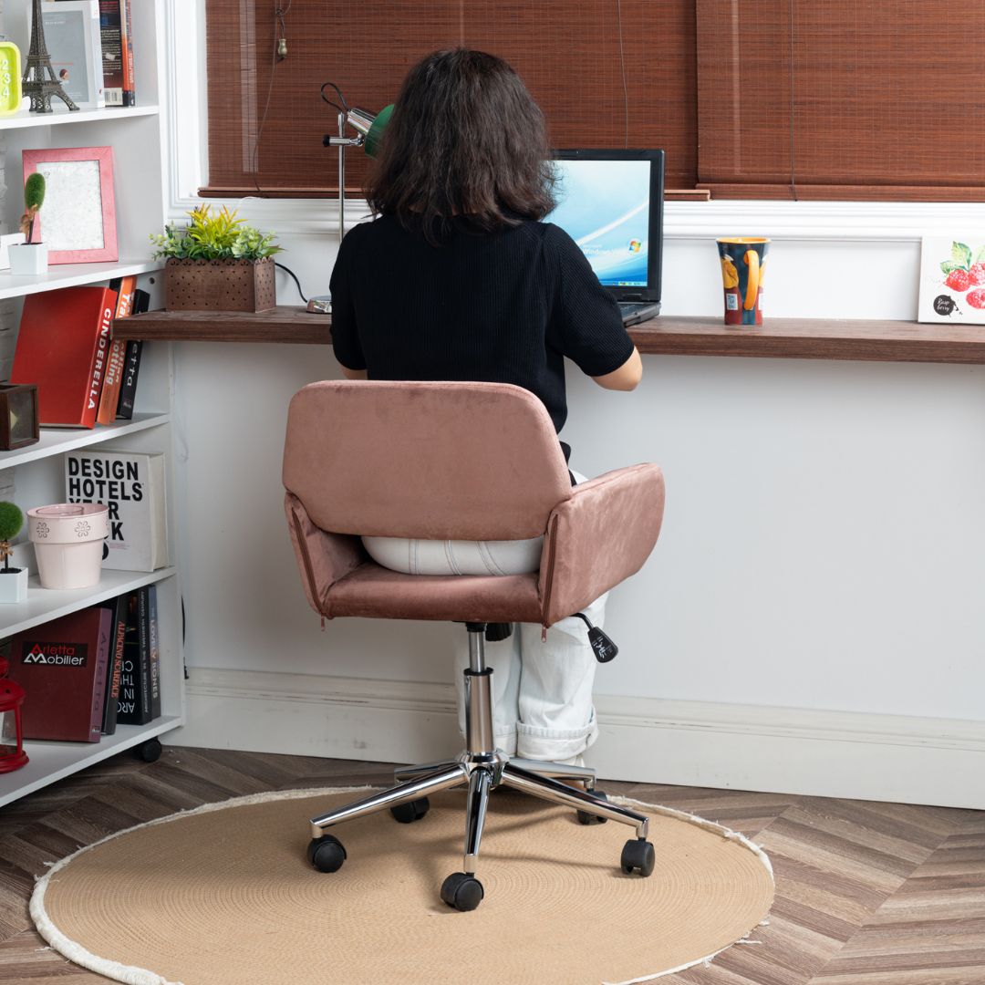 Chaise de bureau FurnitureR, dossier mi-haut en velours avec roulettes, chaise de travail réglable pour salon, chambre, bureau, rose