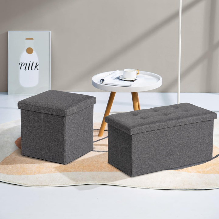 Pouf de rangement FurnitureR, petit pouf pliable cubique avec repose-pieds intégré, idéal pour le salon et la chambre, rembourré, 38 cm (15 pouces), gris