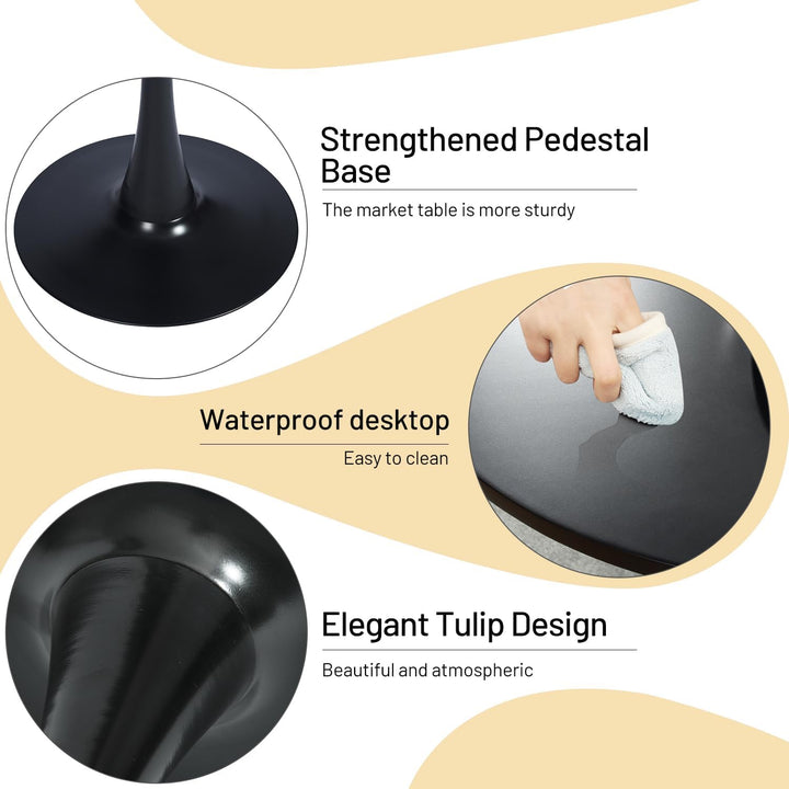 Runder Esstisch von FurnitureR (80 cm Durchmesser) für 2-4 Personen mit Säulenfuß, geeignet für Wohnzimmer, Küche, Büro und Freizeit, Schwarz, Tulpenform