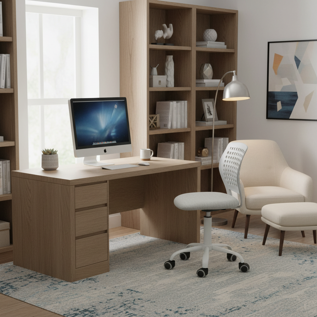 Chaise de bureau sans accoudoirs FurnitureR avec roulettes, compacte, pivotante et réglable en hauteur, idéale pour étudier ou travailler sur ordinateur. Dossier respirant, gris.