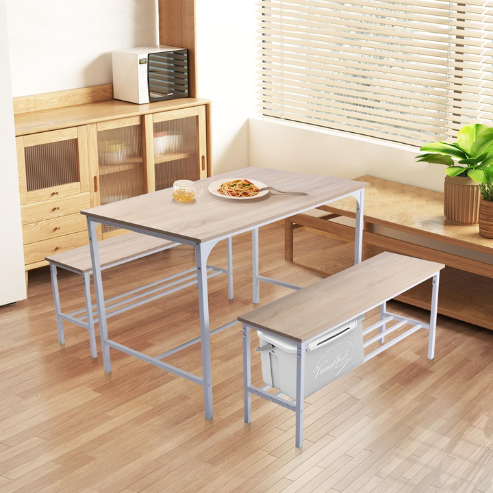 FurnitureR Essgruppe, 3-teilig mit Ablagefächern, Metallgestell und MDF-Platte, Essbereich für Küche, Esszimmer, Restaurant, Eiche