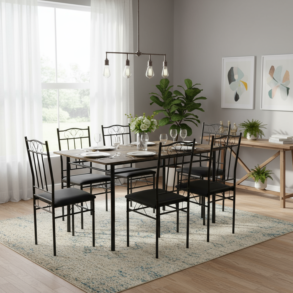 Table de salle à manger rectangulaire FurnitureR avec 6 chaises en similicuir, ensemble table et chaises de cuisine pour 4 à 6 personnes, marron vintage/noir 
