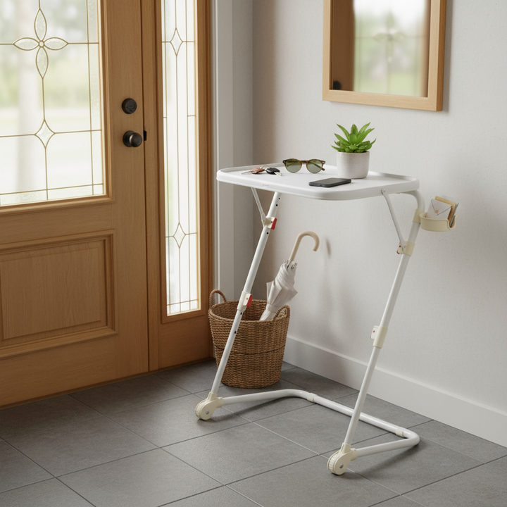 FurnitureR Adjustable Folding TV Tray with 4 Height & 3 Tilt Angle, Foldable Dinner Trays Laptop Snack Table with Cup Holder Sofa, 3PCS. White