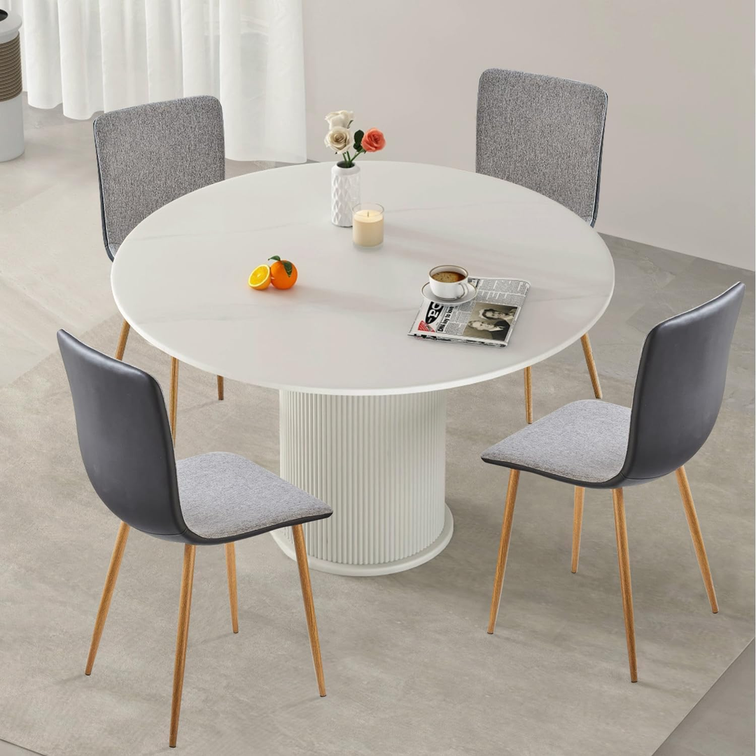 FurnitureR Dining Chairs Set of 4, Fabric Cushion Side Chairs Mid-Back with PU Back and Oak Metal Legs for Kitchen, Dining Room,  Grey/Black