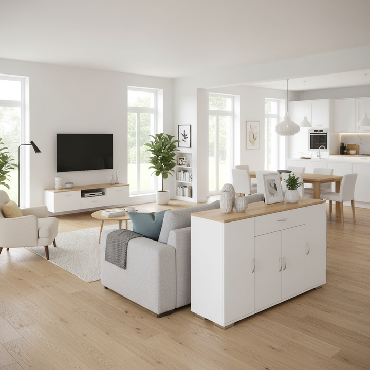 Buffet de style ferme moderne FurnitureR, meuble de rangement, table basse en bois avec tiroir et étagères, 110 cm (43,3 po), style grange