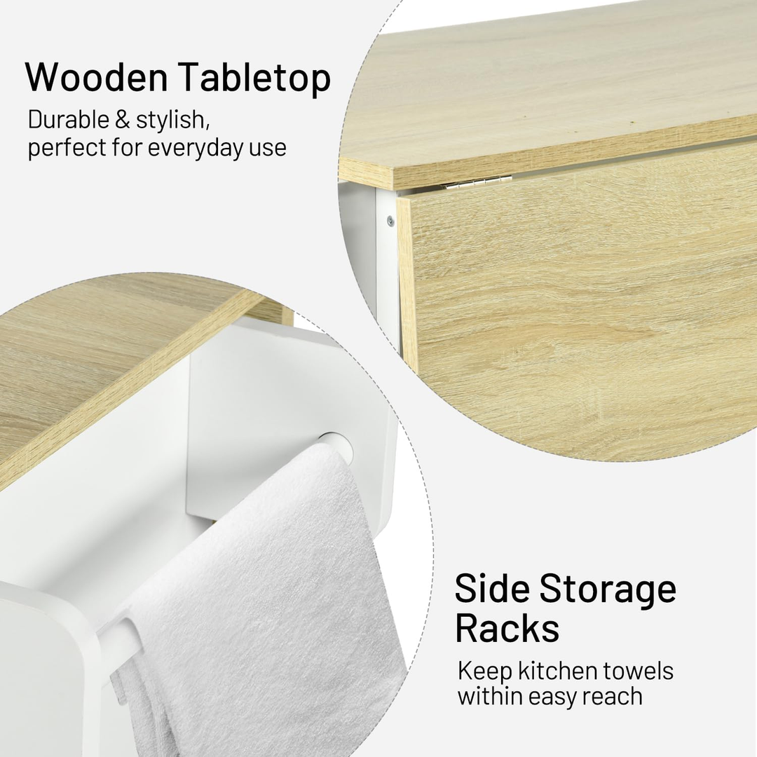 Chariot de cuisine mobile FurnitureR avec abattant rabattable, meuble de rangement de cuisine sur roulettes de 115 cm de large, table de préparation roulante gain de place, blanc