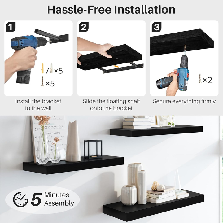 Étagères murales flottantes en bois FurnitureR, 40 cm de large, style rustique, fixation murale invisible pour salon, noir