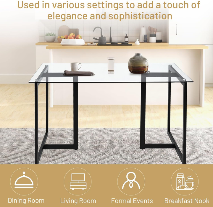 FurnitureR 55,1-Zoll-Glas-Esstisch, moderner rechteckiger Küchentisch mit stabilem Metallgestell, ideal für Esszimmer oder Homeoffice, Schwarz