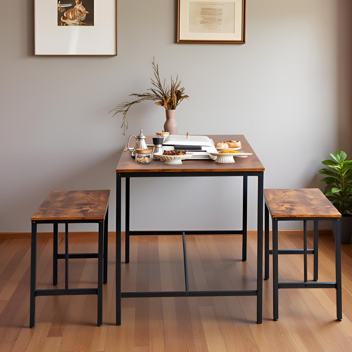 Ensemble de salle à manger 3 pièces FurnitureR avec 2 bancs, gain de place pour la cuisine et la salle à manger, idéal pour la maison ou le restaurant, structure en métal et plateau en MDF, marron