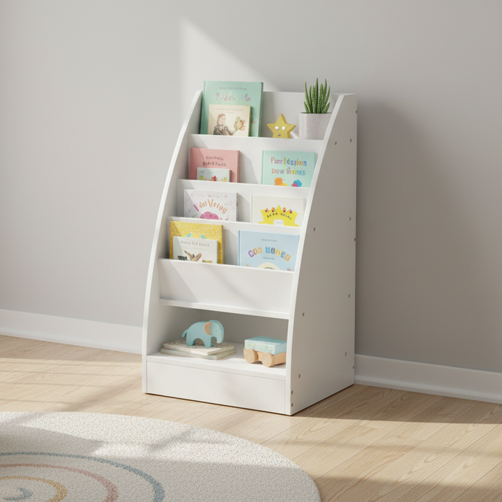 FurnitureR Bücherregal mit 4 offenen Ablagen, kleines Bücherregal aus Holz, Aufbewahrungsorganizer für Spielzimmer, Schlafzimmer, Wohnzimmer