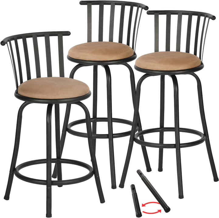 FurnitureR Bar Stools Swivel Set of 3, Adjustable Counter Height Low Back for Kitchen Island Bar Height with Interchangeable Legs, 24/29 Inch, Brown