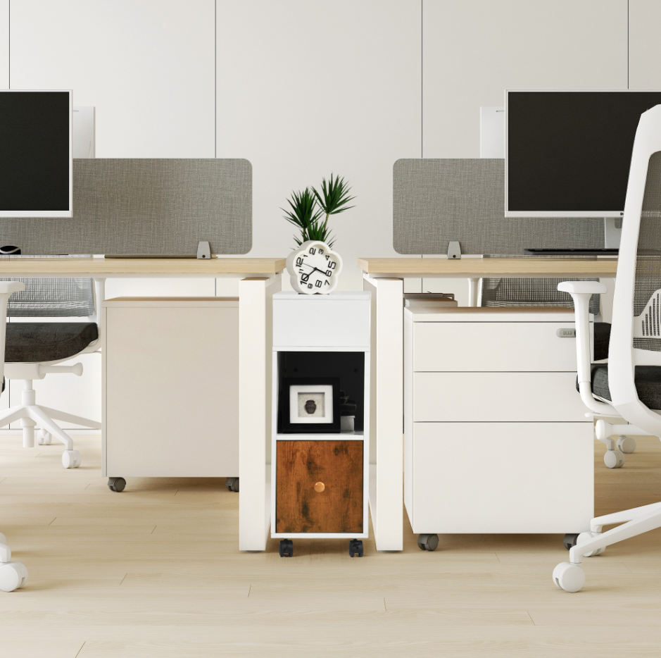 Classeur mobile FurnitureR, classeur vertical à roulettes avec tiroir et étagères de rangement double face, organiseur de dossiers en bois blanc/marron