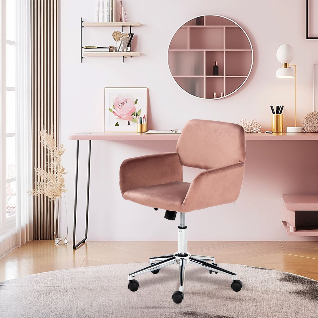 Chaise de bureau FurnitureR, dossier mi-haut en velours avec roulettes, chaise de travail réglable pour salon, chambre, bureau, rose