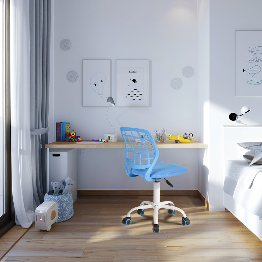 Chaise de bureau FurnitureR, chaise de travail réglable pour ordinateur, avec dossier en plastique et assise rembourrée, pivotante et à roulettes, bleue.