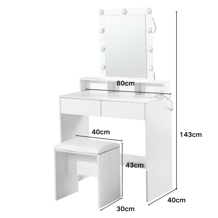 Ensemble coiffeuse FurnitureR, coiffeuse avec miroir et éclairage, ensemble table et tabouret de maquillage, coiffeuse en bois avec 2 tiroirs, blanc