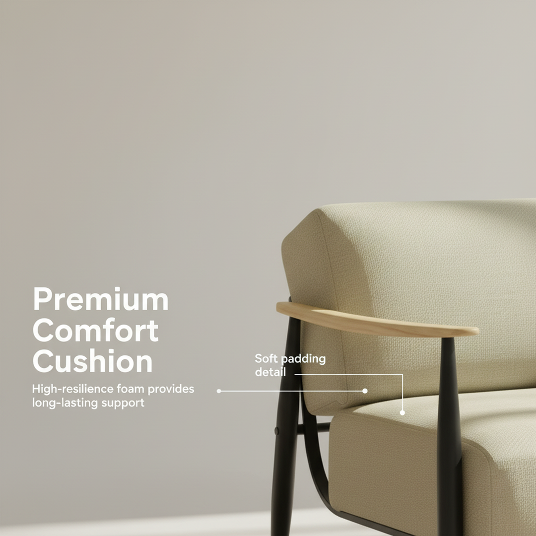 FurnitureR Mid-Century Modern Accent Chair, Beige Upholstered Armchair with Solid Oak Frame, Comfy Reading Chair for Living Room, Bedroom, Office