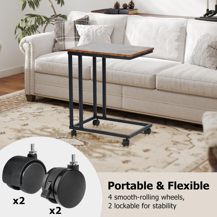 FurnitureR Beistelltisch C-förmig, Snacktisch mit Rollen für Sofa, Couch und Bett, tragbar, einfache Montage, Metallgestell, rustikales Braun