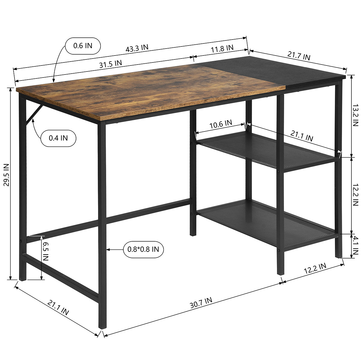 Bureau d'ordinateur FurnitureR 43,3" avec étagères de rangement, bureau de jeu industriel avec structure en métal, poste de travail pour bureau à domicile avec étagères latérales pour PC/ordinateur portable